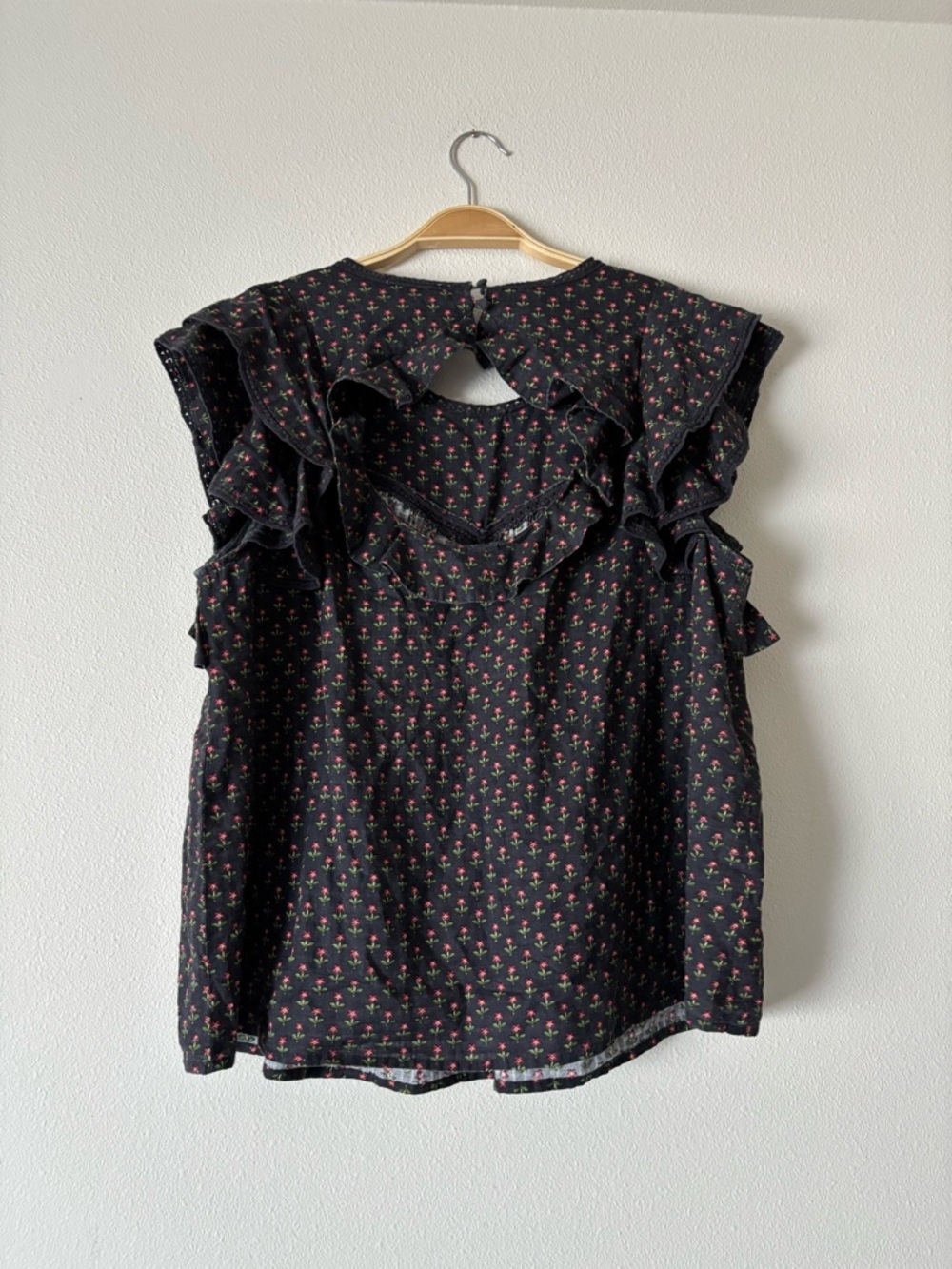 Sezane Florencina Black Red Cotton Cottagecore Ruffle Floral Blouse Size 46/XXXL - Picture 4 of 9